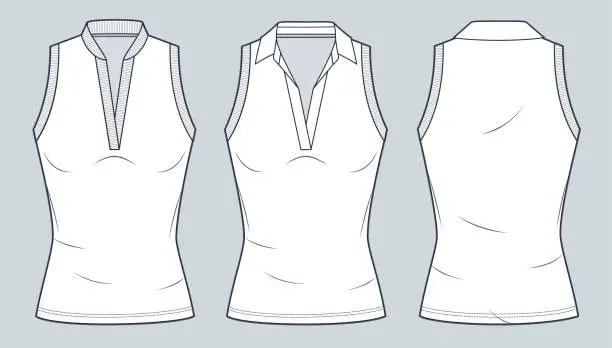 Vector illustration of Slim Fit T-Shirt technical fashion illustration. Sleeveless Top fashion flat technical drawing template, v neck, polo collar, front and back view, white, women Polo Shirt CAD mockup set.
