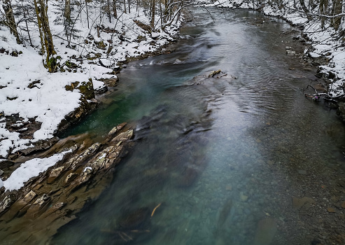 Mountain river near a rock in a winter forest