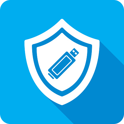 Vector illustration of a shield with USB storage stick icon against a blue background in flat style.