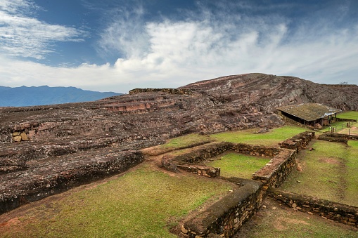 Samaitapa, Bolivia, October 8, 2023: View of the pre-columbian archaeological site El Fuerte in the eastern foothills of the Bolivian Andes. It encompasses buildings of three different cultures: Chanè, Inca, and Spanish. El Fuerte is listed as UNESCO World Heritage Site.