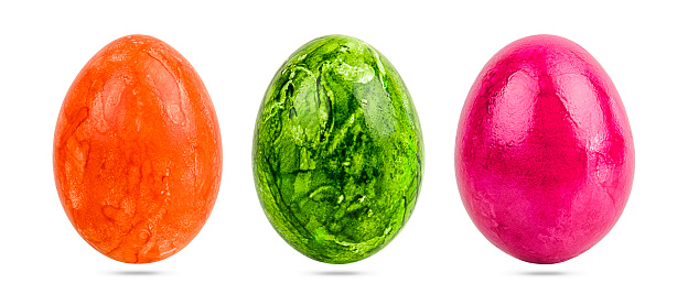 Three colorful Easter eggs isolated on white background