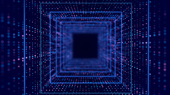 Technology wireframe square tunnel on blue background. Futuristic 3D wormhole grid. Big data visualization. 3D rendering.