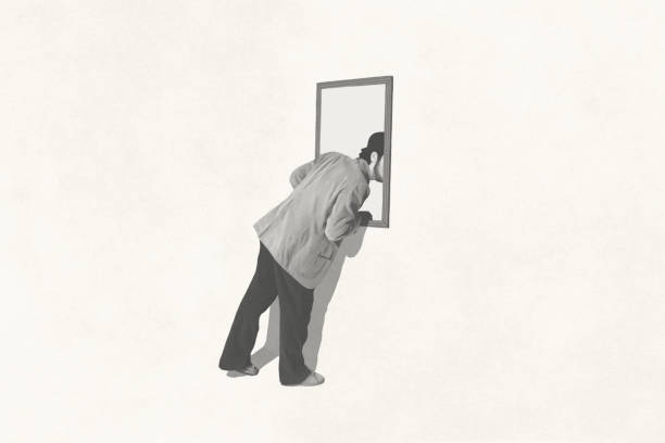Illustration of man entering in a painting, think outside the box, surreal concept