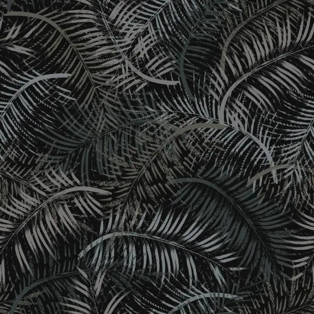 Vector illustration of Seamless gray camo pattern with tropical foliage, palm leaves. Paint brush strokes. Grunge abstract style. For apparel, fabric, textile, sport goods.