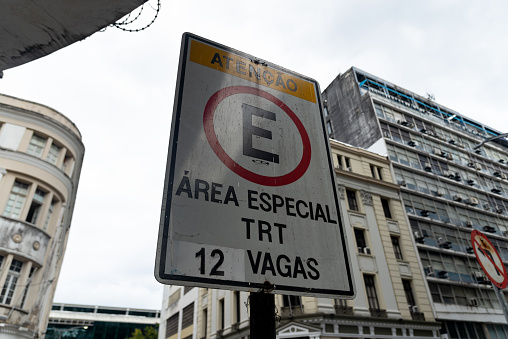 Salvador, Bahia, Brazil - January 05, 2024: Sign informing about parking in the commercial district in the city of Salvador, Bahia.