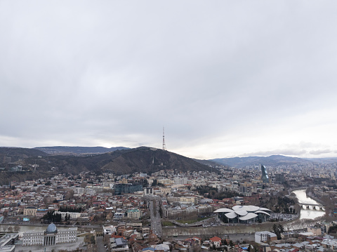 Aerial view of Tbilisi City in Georgia. Taken via drone.