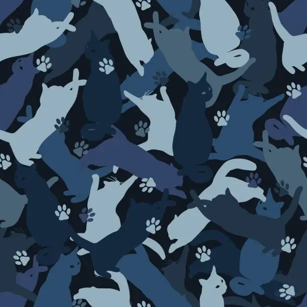 Vector illustration of Seamless blue camouflage pattern with silhouettes of jumping, playing, sitting cats, paw print. Flat style