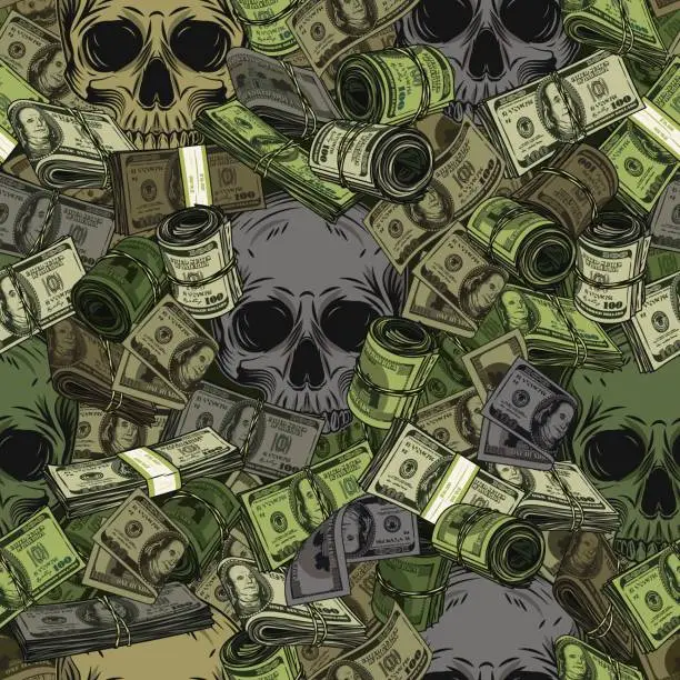 Vector illustration of Green khaki camouflage seamless pattern with skull, dollar wads, rolls, stacks. 100 US dollar banknotes. Pile, heap of money. Detailed vintage illustration.