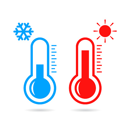 Hot and cold temperature, vector thermometer icons isolated on white background