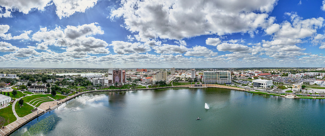 Drone angle view of Lakeland, Florida with Mirror Lake and city skyline.