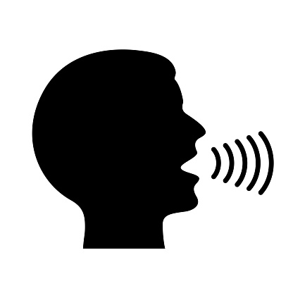 Voice command icon, speaking human pictogram on white background