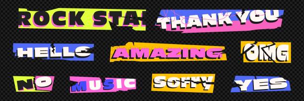 istock A collection of colorful words cut from newspapers, magazines, and paper. Trendy elements for collage and clip art. Vector cutouts isolated on black checkered background. 1973372782