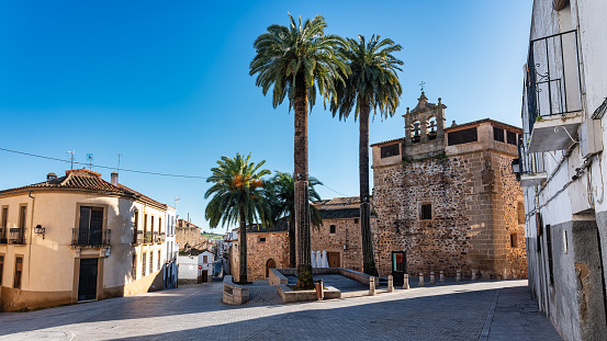 Palm-fringed square and old church in the monumental town of Caceres, Spain