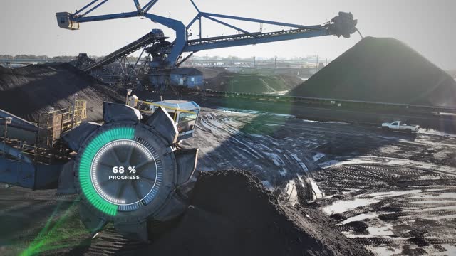 Industrial coal mining operation with machinery and a progress animation on bucket-wheel excavator. Aerial establishing shot of environmental impact of fossil fuel mining with special effects.