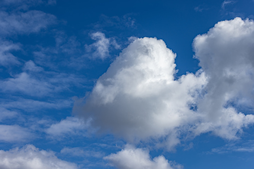 White cumulus clouds against the blue sky. Summer rural landscape. Web banner.