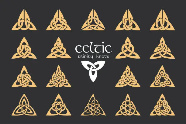Vector illustration of Vector celtic trinity knot. 18 items. Ethnic ornament. Geometric design.