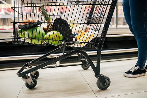 Low section shot of a female customer pushing a shopping cart while buying grocery at supermarket