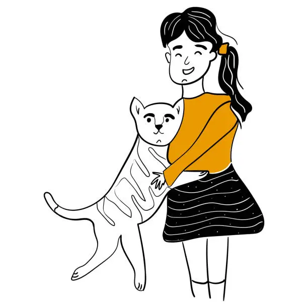 Vector illustration of A happy girl hugs her domestic cat.The kitty's owner cuddles her pet with love and caress.