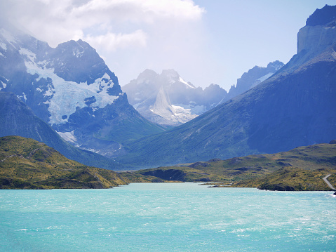 Lake and mountain landscapes in Torres del Paine National Park in Chilean Patagonia