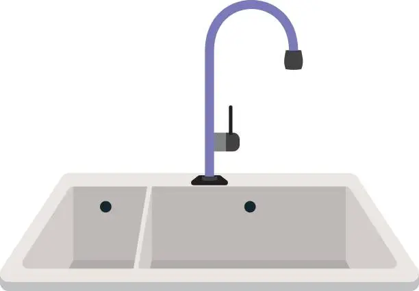 Vector illustration of White kitchen sink with a purple tap, made in a modern design, stylish kitchen equipment.