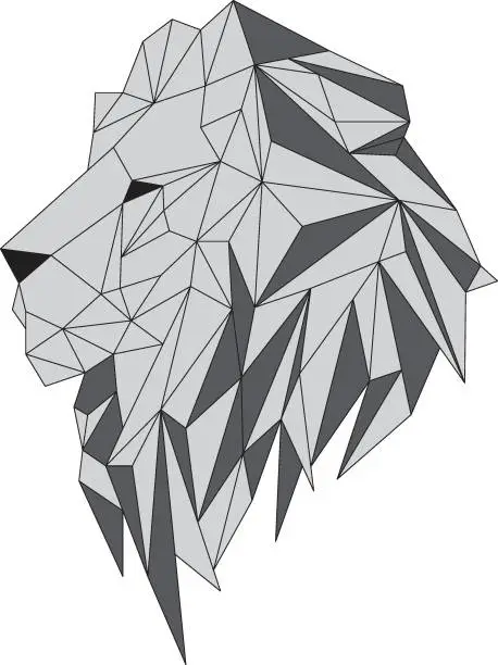 Vector illustration of Illustration of a lion's head, geometric design, executed in gray colors, separated from the background.
