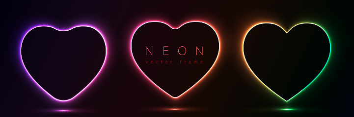 Set of glowing neon color heart shape with wavy dynamic lines on black background technology concept. Love light frame border for badges, price tag, label cards, logo design, valentines day.