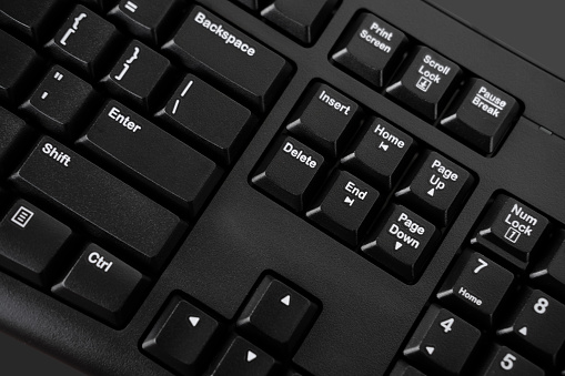 close-up black keyboard, office environment, computer peripherals, computer technologies and the IT industry, online learning, digital work routine, blogging and social media