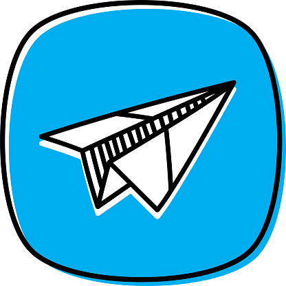Vector illustration of a hand drawn paper airplane against a blue background.
