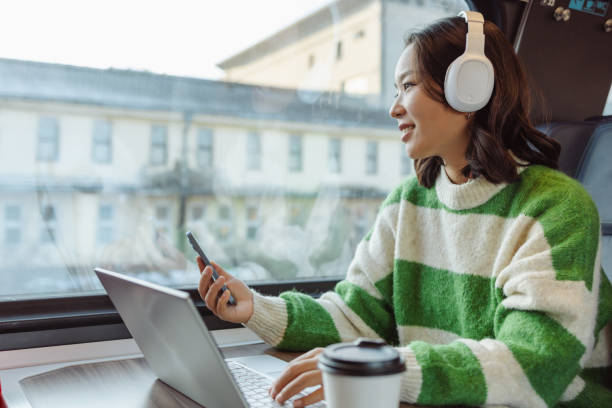 istock Young Asian woman using laptop on the train 1973508674