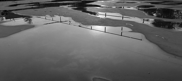 Rainwater puddle with interesting curves on the basketball court.
