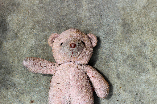 Dirty teddy bear on floor