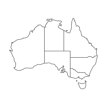 Blind map of Australia divided into states and territories. White flat map with black borders on white background.