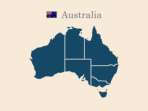 Blind map of Australia divided into states and territories. White flat map with black borders on white background.