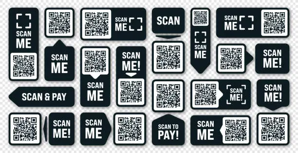 Vector illustration of Scan me QR code sticker. Online payment. Special offer sale stickers, shopping discount label or promotional badge. Serial number, product ID. Supermarket retail label, price tag. Vector illustration