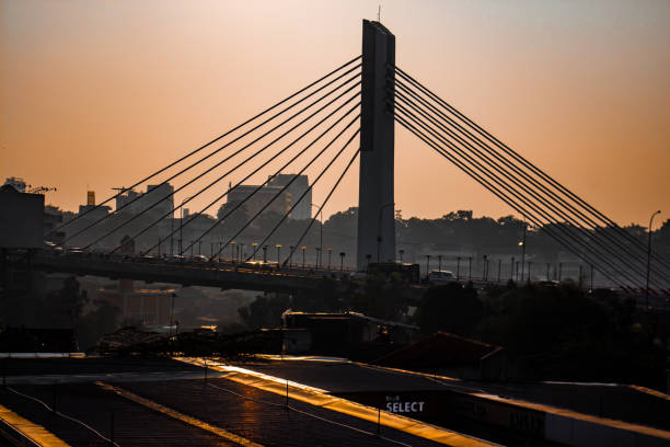 Bridge construction against beautiful orange sky during sunset