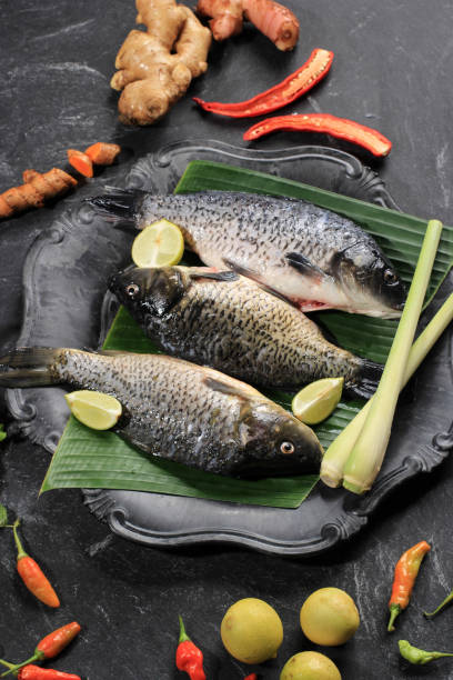 istock Raw Ingredients of Pesmol Ikan Mas (Gold Fish with Yellow Curry Spices). Pesmol Typically Fish Recipe from West Java, Indonesia. Can Made with Tilapia Fish (Ikan Nila) Too. On Black Background with Lemongrass, Garlic, Shallots, Lime Leaf 1973687820