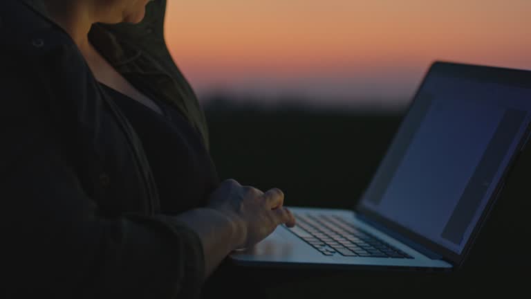 SLO MO Female Agronomist Using Laptop While Working in Field during Sunset