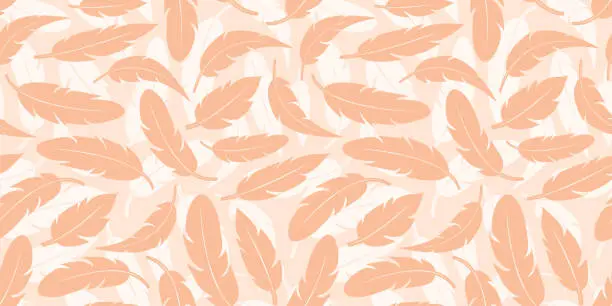 Vector illustration of Feather seamless pattern, peach fuzz background, abstract boho print, feather bird texture. Vector illustration