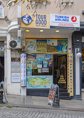 Istanbul, Turkey - October 18, 2023: Tour Good Travel Agency and Turkish Airlines Authorized Sales Agent Tickeet Office at Sultanahmet.