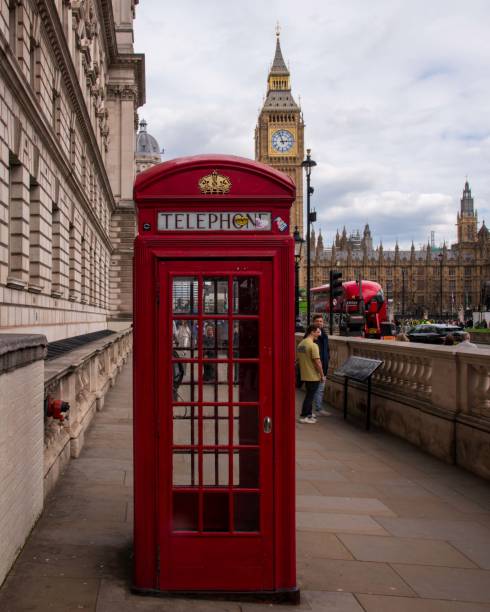 London, United Kingdom - April 16, 2023: Red Telephone box in front of Big Ben