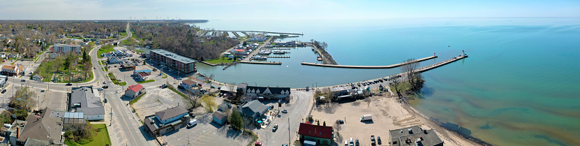 An aerial panorama of Port Dover, Canada by the lake