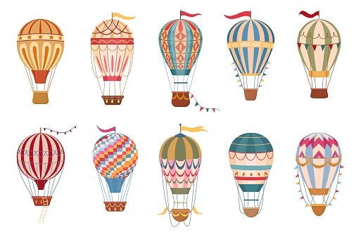 Vintage hot air balloons. Cartoon flying hot air balloons decorated with garlands and flags flat vector illustration set. Retro air transport collection
