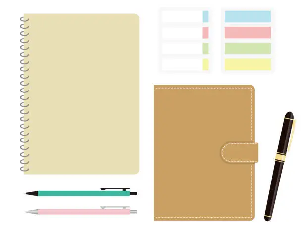 Vector illustration of Set of memo pad, notebook, sticky notes, fountain pen and ballpoint pen