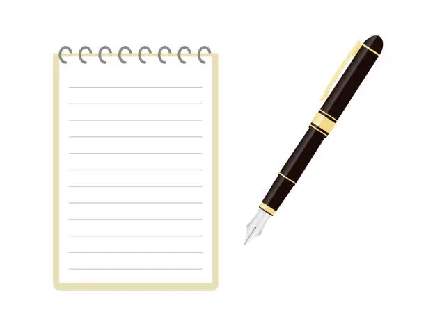 Vector illustration of Blank notepad with horizontal lines and fountain pen.