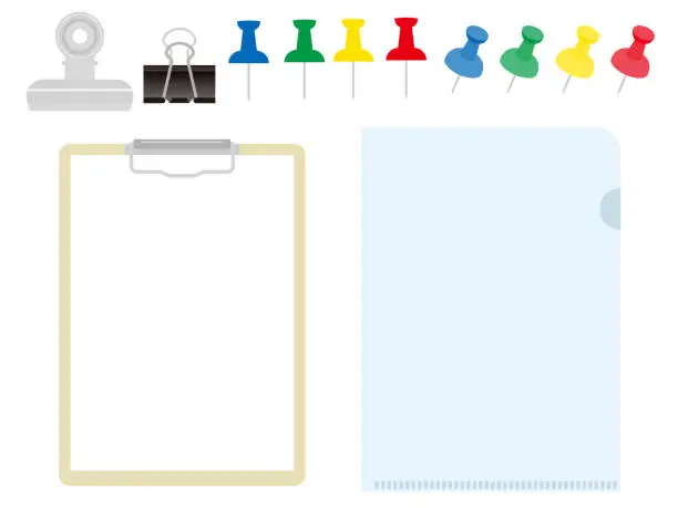 Vector illustration of Set of binder, clear file, clips and thumbtacks.
