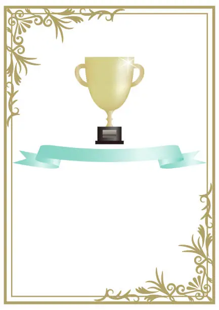 Vector illustration of A refreshing award frame with a trophy and light blue ribbon. vertical design.