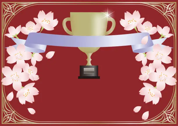 Vector illustration of Japanese style award certificate frame material with cherry blossoms and ribbon.