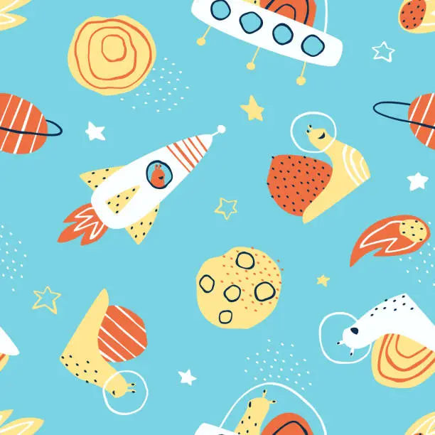 Vector illustration of Seamless pattern of snails traveling in space