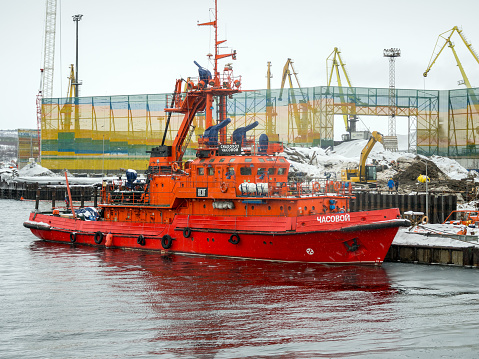 Murmansk, Russia - February 27, 2022: Small fire ship \