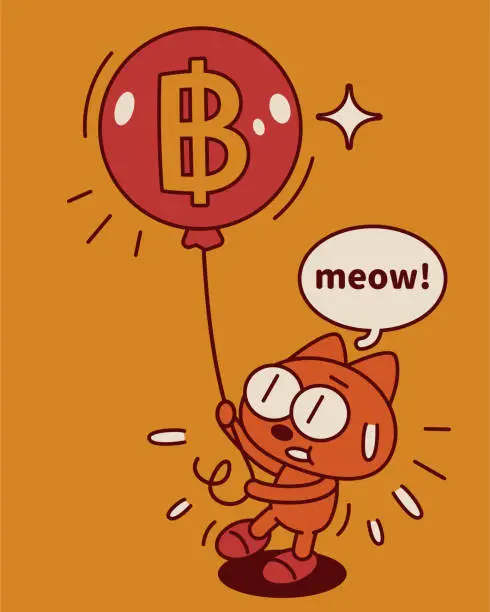 Vector illustration of A quirky and cute kitten desperately holds on to the money balloon flying upwards, the concept of inflation